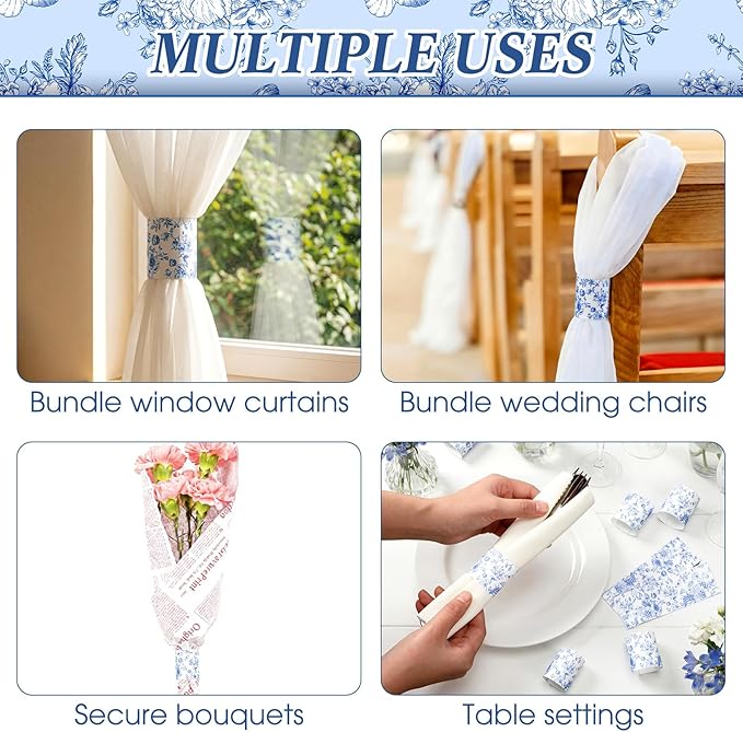 300 Pcs Wedding Paper Napkin Rings Disposable Napkin Bands Self Adhesive Blue White Flower Silverware Wrap Band for Wedding Birthday Holiday Party Dinner Table Setting Decoration