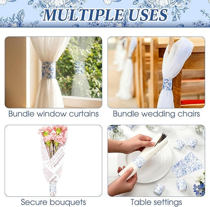 300 Pcs Wedding Paper Napkin Rings Disposable Napkin Bands Self Adhesive Blue White Flower Silverware Wrap Band for Wedding Birthday Holiday Party Dinner Table Setting Decoration