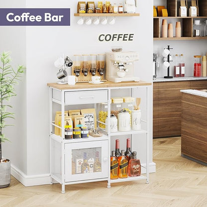 SWTYMIKI Coffee Bar Cabinet for Home - Farmhouse Coffee Stand Station Multi-Purpose Storage Cabinet with Adjustable Feet, Drawers - Kitchen Bar Table for Living Room, Corner, Small Space, Natural