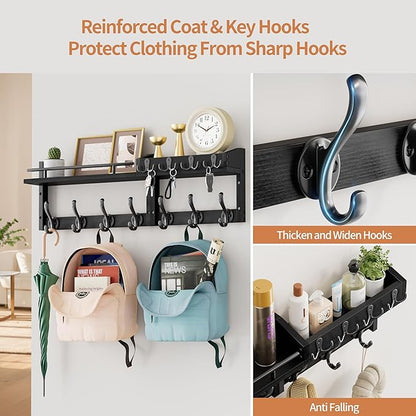 29 inch Coat Rack Wall Mount with Shelf, Set of 2 Heavy Duty Coat Hooks Wall Mount, Entryway Coat Hanger Wall Shelf with Key Holders and Mail Organizer for Living Room, Bedroom, Bathroom, Black