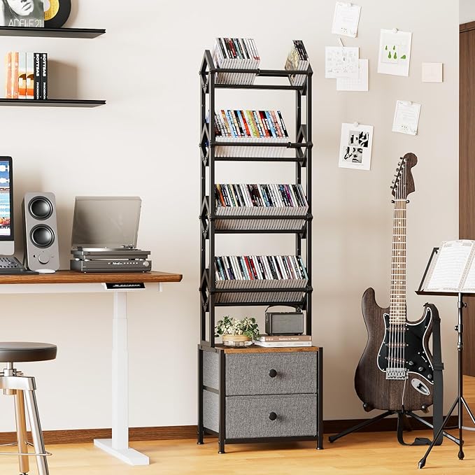 CD Storage Rack with Drawers, 5-Tier Media Organizer DVD Storage Shelf, Large Capacity for CD/DVD, Books & Games, Ideal for Living Room & Home Office, 15.7×11.8×58.7Inches