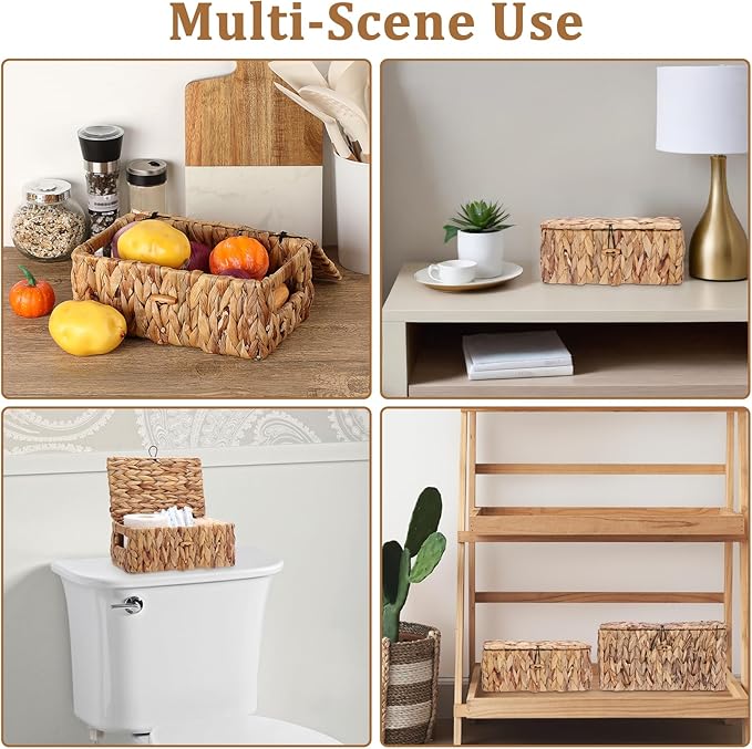 Sumnacon Storage Basket with Lid, Water Hyacinth Shelf Baskets for Organizing, Farmhouse Bathroom Woven Bins for Tampons and Pads, Toilet Paper, Towels,Decorative Organizer Box for Counter, Vanity (S)