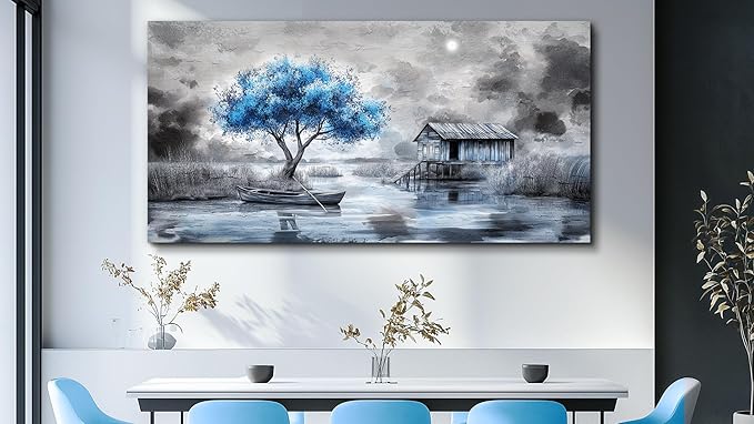 QIYILEXWART Canvas Wall Art For Living Room Wall Decor For Bedroom Office Wall Decorations The Blue Tree Painting The Hut Pictures Artwork Room Aesthetic Home Decor Ready To Hang