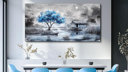 QIYILEXWART Canvas Wall Art For Living Room Wall Decor For Bedroom Office Wall Decorations The Blue Tree Painting The Hut Pictures Artwork Room Aesthetic Home Decor Ready To Hang