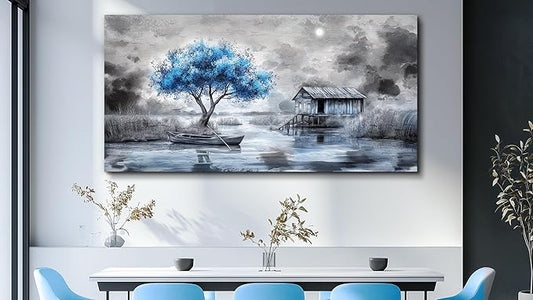 QIYILEXWART Canvas Wall Art For Living Room Wall Decor For Bedroom Office Wall Decorations The Blue Tree Painting The Hut Pictures Artwork Room Aesthetic Home Decor Ready To Hang