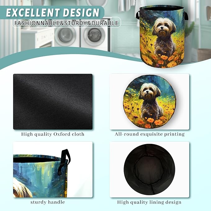 Watercolor Yorkie Laundry Basket Foldable With Handles Cute Dog Flowers Tote Bag Oxford Cloth Animal Dogs Laundry Hamper Clothes Toy Storage Bucket For Bathroom/Laundry/Bedroom 18.9"x16.5 "