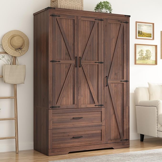 St.Mandyu Farmhouse Wardrobe Armoire Closet with 3 Doors and 2 Drawers, 70.1" Wooden Clothing Storage Cabinet, Freestanding Large Capacity Storage Wardrobe Armoire with Hanging Rod for Bedroom, Brown