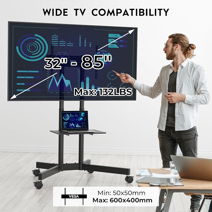BONTEC Rolling TV Stand with Tilt, Mobile TV Cart for 32–85 Inch LED LCD OLED Flat & Curved TVs, Portable Stand with Laptop Shelf, Locking Wheels, Outdoor TV Stand Holds 132 lbs, Max VESA 600x400mm
