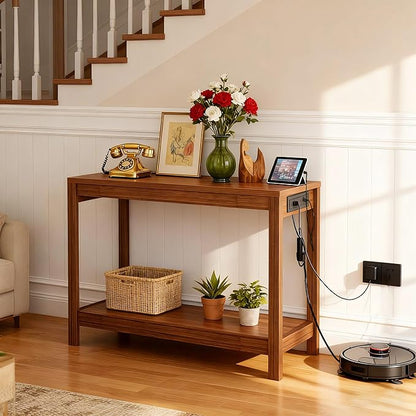 47" Entryway Table, Narrow Console Sofa Table, with Outlets and USB-C Port, Entryway Table with Open Storage, for Living Room, Hallway, Entryway, Foyer, Kitchen Counter, Golden Walnut