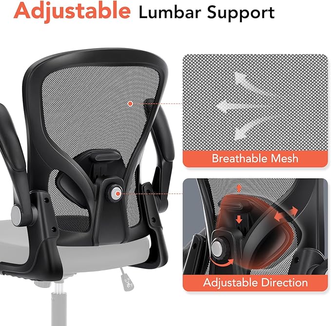 Ergonomic Office Chair, Computer Desk Chair with Adjustable Lumbar Support, Breathable Mesh Office Chair with Flip-up Armrests, Rocking Function, Comfy Home Office Desk Chair, Black