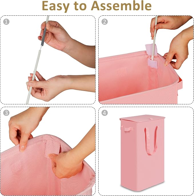 efluky Slim Laundry Basket with Lid, Narrow Laundry Hamper with Handles, Collapsible Dirty Clothes Hamper, Tall Laundry Bin for Laundry Room, Dorm and Bedroom, 55L pink