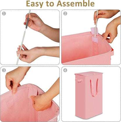 efluky Slim Laundry Basket with Lid, Narrow Laundry Hamper with Handles, Collapsible Dirty Clothes Hamper, Tall Laundry Bin for Laundry Room, Dorm and Bedroom, 55L pink