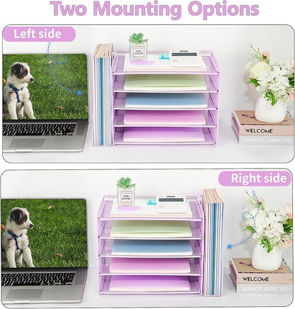 OPNICE Desk Organizer, 5-Tier Paper Organizer Letter Tray with Magazine Holder, Office Desk Accessories & Workspace Organizers, Desktop File Organizer for Office Supplies Storage, Purple