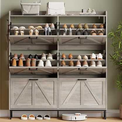 Shoe Cabinet with 6 Flip Drawers, Freestanding Hidden Shoe Storage Organizer for Entryway, Narrow Slim Shoe Rack Cabinet with Open Storage & Hooks for Front Door Entrance, Living Room, Hallway, Grey