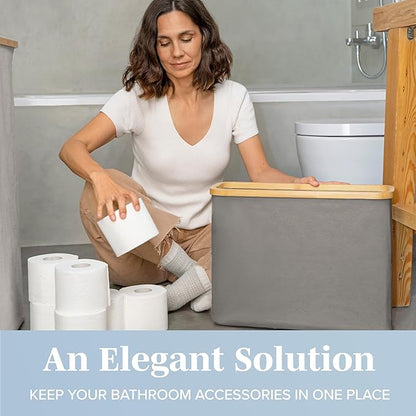 LONBET Toilet Paper Storage for 12 Rolls, Stackable & Foldable - The Ultimate Bathroom Organizer - Waterproof Basket with Bamboo Lid - Elegant Toilet Paper Storage Holder, Gray