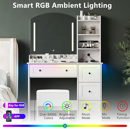 Vanity Desk with Mirror and Lights & Power Outlet, Makeup Vanity Set with Chair & RGB Ambient Light, Girls Vanity Dressing Table with 3 Lighting Modes & Adjustable Brightness for Bedroom, White