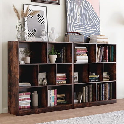 7 Cube Wooden Bookshelf with Base,3-Tier Freestanding Open Storage Organizer,Multi-Functional Bookcase for Living Room,Bedroom,Study and Office (Dark Brown, 7-Cube)