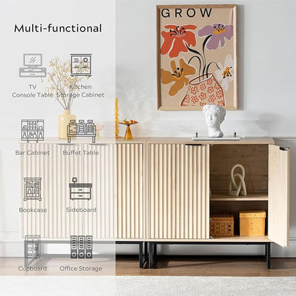 Fluted Storage Cabinet Set of 3, Sideboard Buffet Cabinet Modern Accent Cabinets with Adjustable Shelves, Credenza, Console Table Entryway Cabinets for Living Room, Light Oak