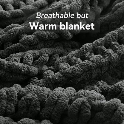 Negwoo Chunky Knit Throw Blanket, 50''*60'' Knitted Throw Chenille Yarn for Bed Couch, Handmade Dark Grey Crochet Big Thick Blanket, Machine Washable Cute Comfy Blanket for Home Decor