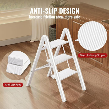 3 Step Ladder, Aluminum Folding Step Stool with Anti-Slip Sturdy and Wide Pedal, Lightweight Portable Stepladder for Home and Kitchen Use Space Saving, Cream White, 330 lbs