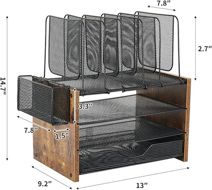 OPNICE Wood Desk Organizers and Accessories, 4-Tier Workspace Desktop Paper Organizer with Drawer, 5 Vertical File Holders and Pen Holder for Office Supplies