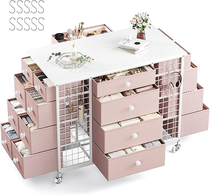 EnHomee 24 Drawers Dresser for Bedroom, Dressers & Chests of Drawers with 4 Wheels and 40“ * 23” Wide Wooden Top, Metal Frame, Organizer Island with Hooks for Bedroom, Cloakroom, Dressing Room, Pink