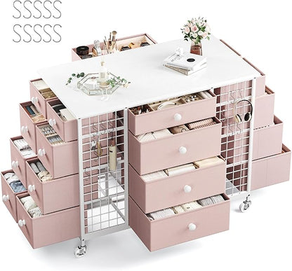 EnHomee 24 Drawers Dresser for Bedroom, Dressers & Chests of Drawers with 4 Wheels and 40“ * 23” Wide Wooden Top, Metal Frame, Organizer Island with Hooks for Bedroom, Cloakroom, Dressing Room, Pink