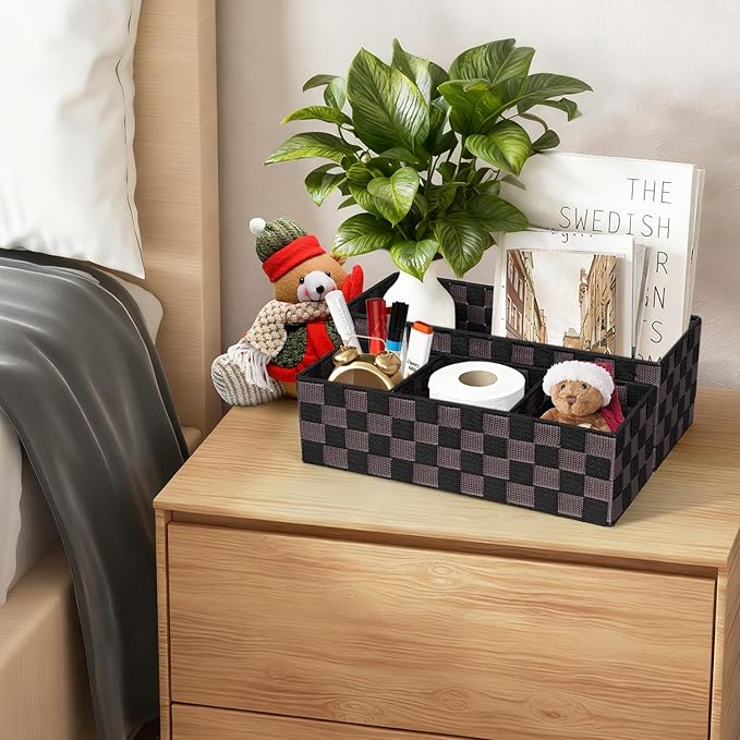 2-Pack Checker Pattern Woven Bins, 16” Ribbon Metal Wire Desk Organizer, Drawer Dresser Baskets, Countertop Toilet Paper Storage Containers (Black & Brown)