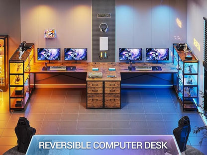 Sedeta L Shaped Desk with Storage Shelves, 64.5'' Reversible U Shaped Office Desk with 3 Fabric Drawers, Gaming Desk with Power Outlet & LED Strip, Rustic Brown