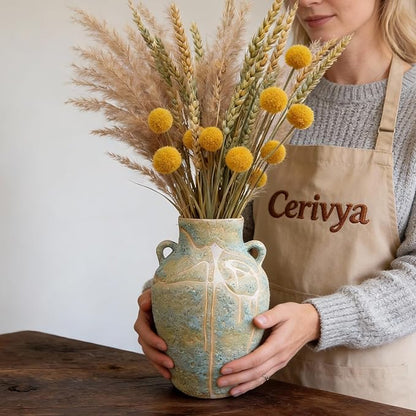 Large Ceramic Flower Vase, 9.8 Inch Tall Rustic Farmhouse Table Vase with 2 Handles, Handcrafted Glaze Textured Home Décor for Living Room, Bedroom, Bookshelf, Mantel, or Office