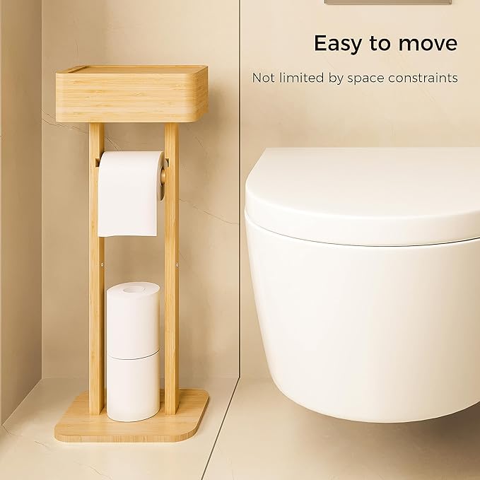 Wealone 4-in-1 Toilet Paper Holder Stand with Storage Shelf Box, 360° Rotating Bamboo Free Standing Toilet Tissue Roll, Toilet Wipes Dispenser Organizer Desktop for Bathroom Decor (Patented)