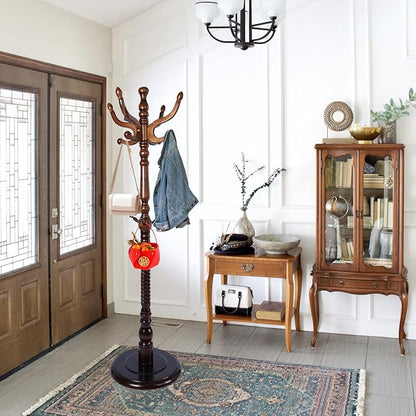 Coat Rack Freestanding,Solid Wooden Coat Rack Stand with 3 Height Options,14 Hooks, Natural Birch Coat Tree Easy to assemble for Clothes Jacket Hat bag Entryway (mahogany) (retro round)