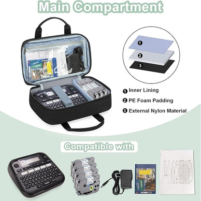 CURMIO Carrying Case Compatible with Brother P-Touch PT-D220/PT-D210 Label Maker, Portable Storage Holder Organizer Bag for Label Printer Machine, Label Tape, AC Adapter, Battery, USB Cable, Bag Only
