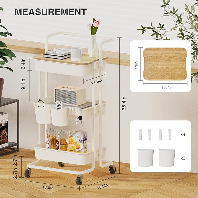 DTK 3 Tier Rolling Utility Cart with Cover Top Board, Movable Kitchen Storage Cart Trolley with Lockable Wheels, Cups, Hooks for Kitchen Bathroom Home Office Art Craft Storage and Organization(White)