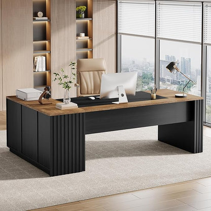 Tribesigns 78" L Shaped Executive Desk with Drawers, Large Office Computer Desk with Cabinet and Storage Shelves, Modern Business Furniture Sets Workstation for Home Office (Brown/Black)