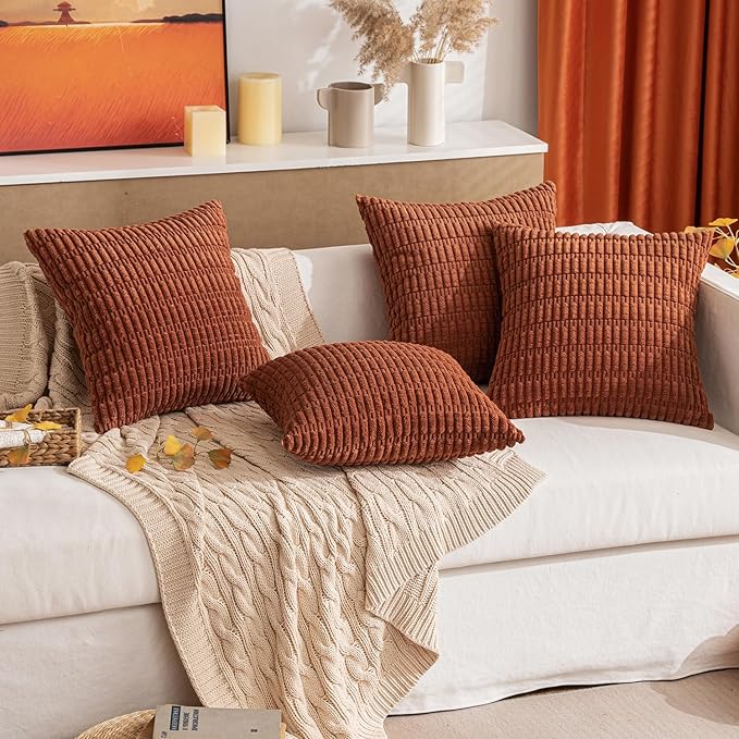 MIULEE Pack of 2 Dark Rust Corduroy Decorative Pillow Covers 12x12 Inch Soft Boho Striped Throw Pillow Covers Modern Farmhouse Home Decor for Summer Sofa Living Room Couch Bed