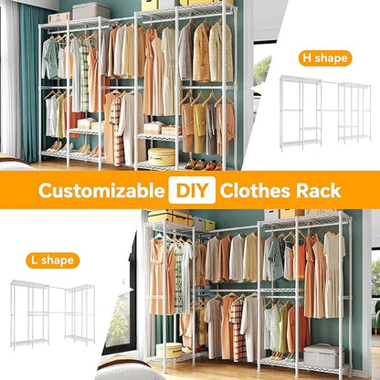 H5 Pro Heavy Duty Clothes Rack Wardrobe Closet for Hanging Clothes, Freestanding Garment Rack with Expandable Hanger Rods, Closet Organizer and Storage, (97.7-115.4")L x 15.7"W x 75.4"H, White