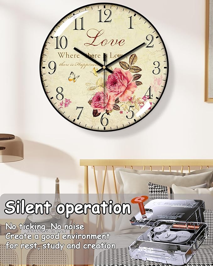 Decorative Wall Clocks Batterys Operated, Retro Wall Clock with Glass Dial, 12-Inch Dial with Roman Numerals, Silent and No Ticking, Suitable for Living Room, Bedroom, Dining Area, Workspace