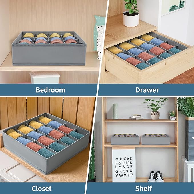 joyoldelf Sock Drawer Organizer Divider Underwear Organizer 16-cell Fabric Dresser Drawer Organizers Storage Boxes for Socks Lingerie, Handkerchiefs, Ties (Grey)