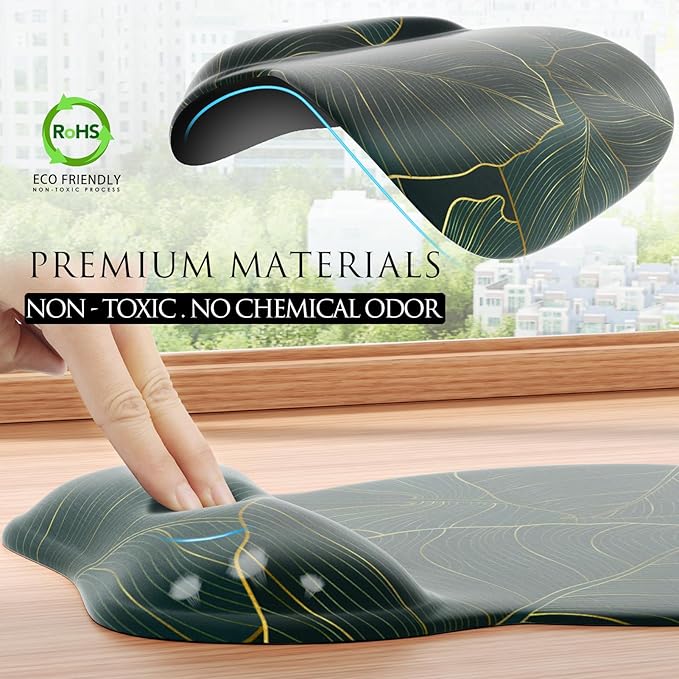 MROCO Ergonomic Mouse Pad with Gel Wrist Rest, 9.4 x 8.1 in, Green Leaves | Ergonomic Shape Design, Multiple Pattern Options, Gel Wrist Comfort, Smooth Lycra Surface, Non-Slip PU Base