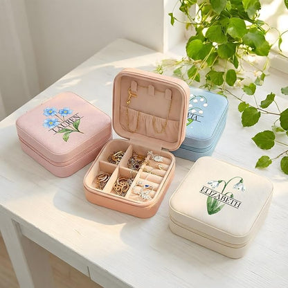 Custom Travel Jewelry Box with Name Birth Flower, Birthday Gifts for Women, Bridesmaid Proposal Gifts Personalized Small Travel Jewelry Case, Customized Gifts for Teen Girls