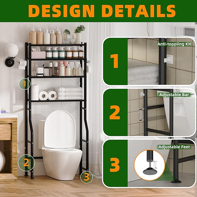 4-Tier Over The Toilet Storage, Space Saver Metal Bathroom Shelves, Freestanding Above Over Toilet Storage Shelf with 4 Hooks for Bathroom, Black