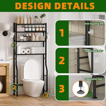 4-Tier Over The Toilet Storage, Space Saver Metal Bathroom Shelves, Freestanding Above Over Toilet Storage Shelf with 4 Hooks for Bathroom, Black