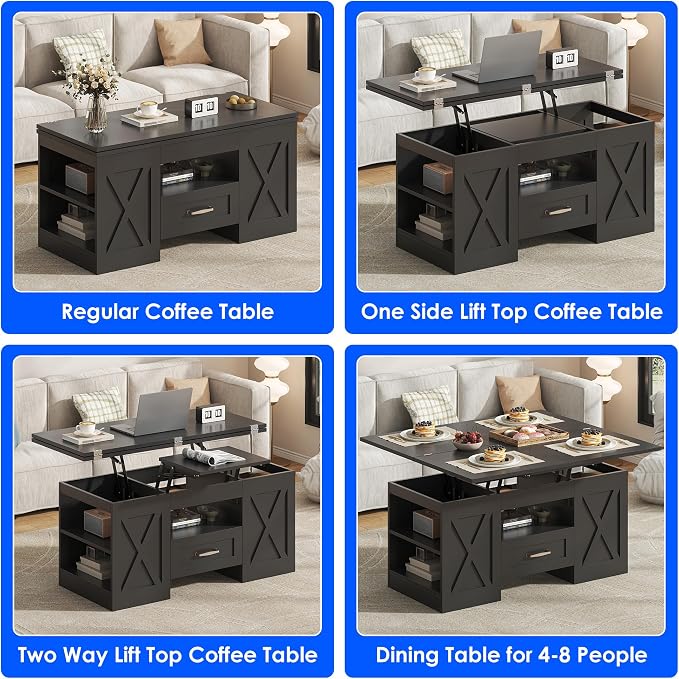 kepptory 39.4'' Lift Top Coffee Table with Storage, 4 in 1 Multi-Function Convertible Coffee Tables for Living Room, Farmhouse Coffee Table with Open Storage Compartment & Drawers (Black)