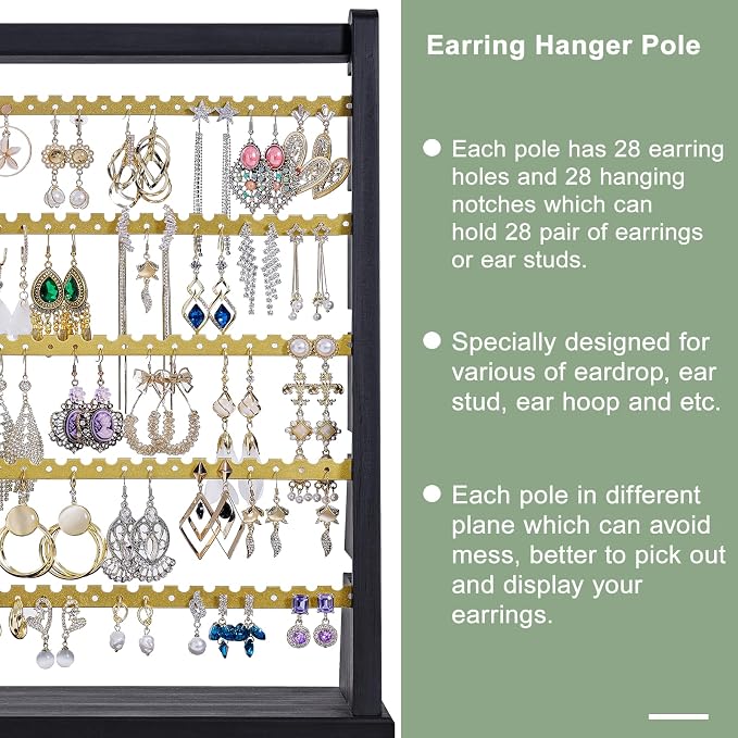 Poyilooo Earring Organizer Stand, Rustic Wood Earring Holder Rack, 5 Layer Jewelry Holder Organizer with 270 Earring Tree Holes Display for Stud Earings & Hoop Earrings, Gifts for Women (Black&gold)