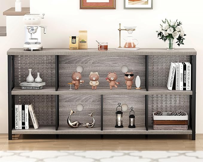 LVB Industrial 4 5 6 7 8 Cube Bookcase, Rustic Wood Metal Horizontal Bookshelf, Modern Wide Cube Organizer Storage Shelf, Large Long Low Book Shelf for Office Bedroom Living Room, Light Grey Oak 63 In
