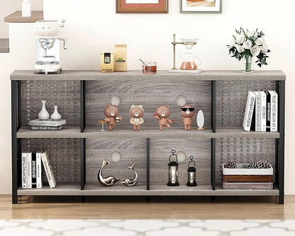 LVB Industrial 4 5 6 7 8 Cube Bookcase, Rustic Wood Metal Horizontal Bookshelf, Modern Wide Cube Organizer Storage Shelf, Large Long Low Book Shelf for Office Bedroom Living Room, Light Grey Oak 63 In