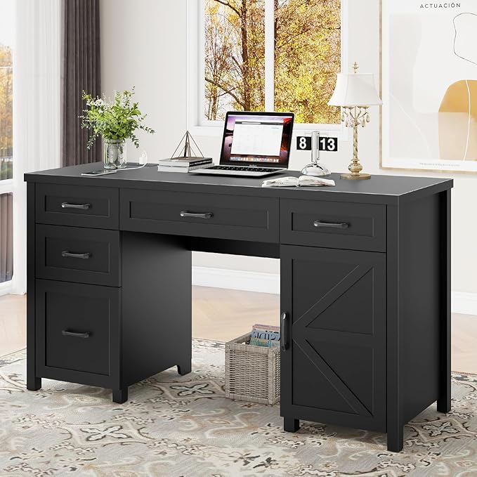 Farmhouse 61'' Executive Desk with 5 Drawers, Rustic Office Desk Computer Desk with Charging Station, File Drawers and Storage Cabinet, Wood Workstation for Study and Home Office,( Pure Black.)