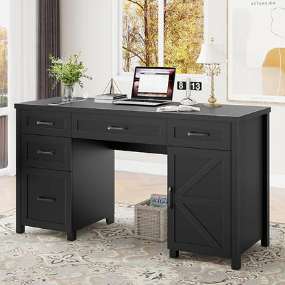 Farmhouse 61'' Executive Desk with 5 Drawers, Rustic Office Desk Computer Desk with Charging Station, File Drawers and Storage Cabinet, Wood Workstation for Study and Home Office,( Pure Black.)