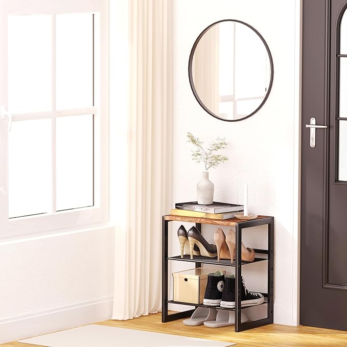 Narrow 3-Tier Shoe Rack, Slim Space-Saving Shelf with Decorative Wood Top & Steel Mesh, Entryway/Closet/Dorm Organizer, 16.5x11.8x19.8 Inches